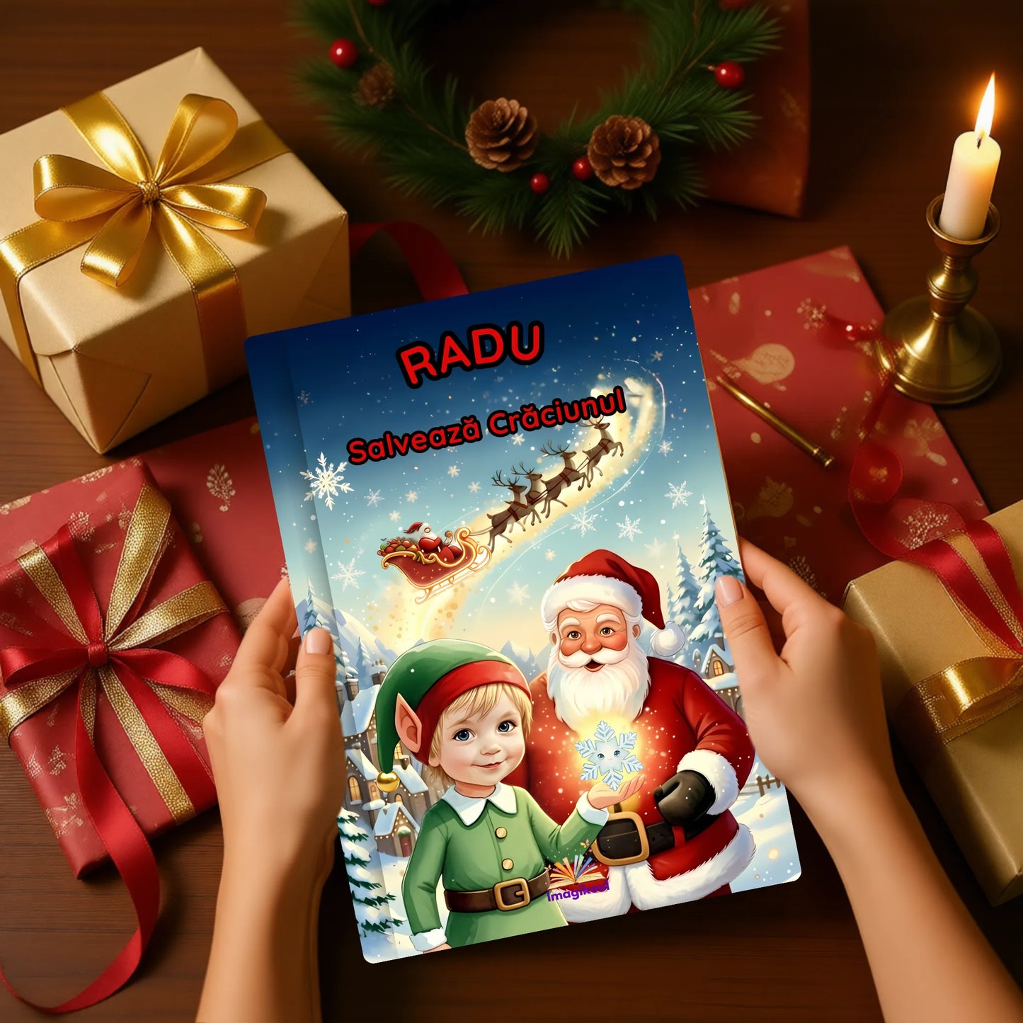 Cartea personalizată Salveaza Craciunul ambalată ca un cadou de Crăciun pentru copii