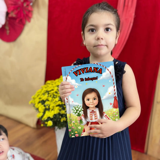 Copil fericit cu cartea personalizata Te iubeste – un cadou inedit pentru 1 si 8 Martie