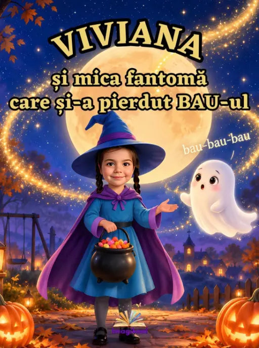 Coperta cărții personalizate pentru copii „Mica fantomă care și-a pierdut BAU-ul!” de la Imagikool