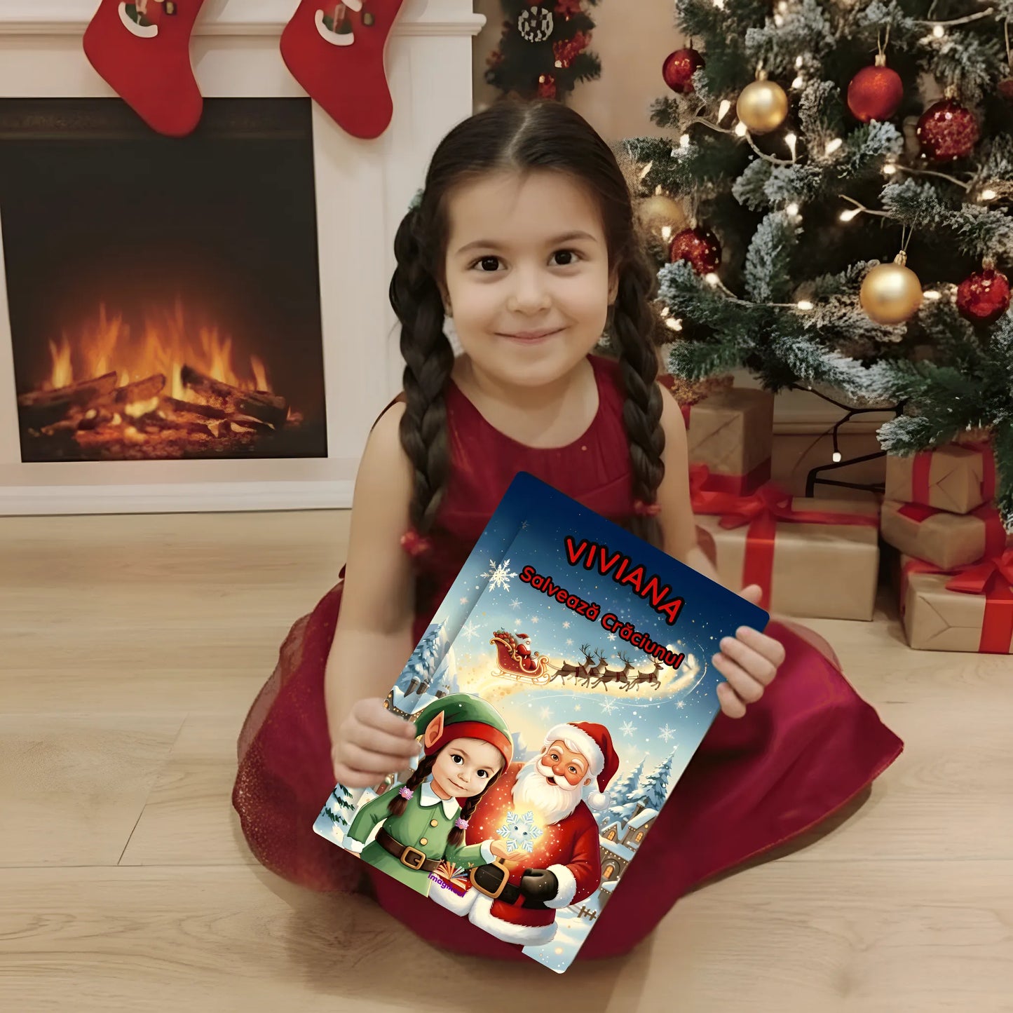 Copil fericit cu cartea personalizată Salvează Craciunul – un cadou inedit pentru Crăciun