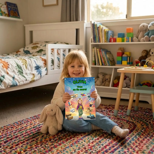 Copil fericit cu cartea personalizată Vrea sa fie mare - un cadou inedit pentru orice ocazie