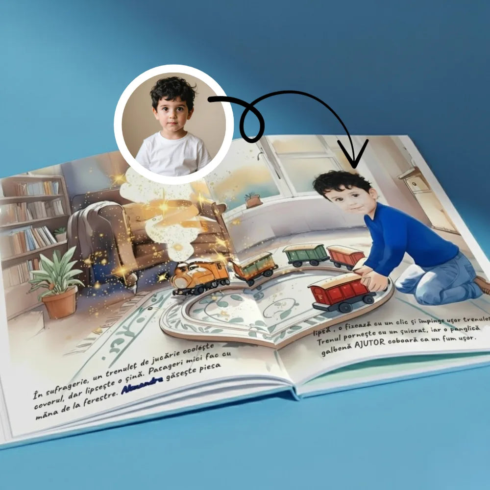 Pagină din cartea La mulți ani, unde copilul este personajul principal al povești