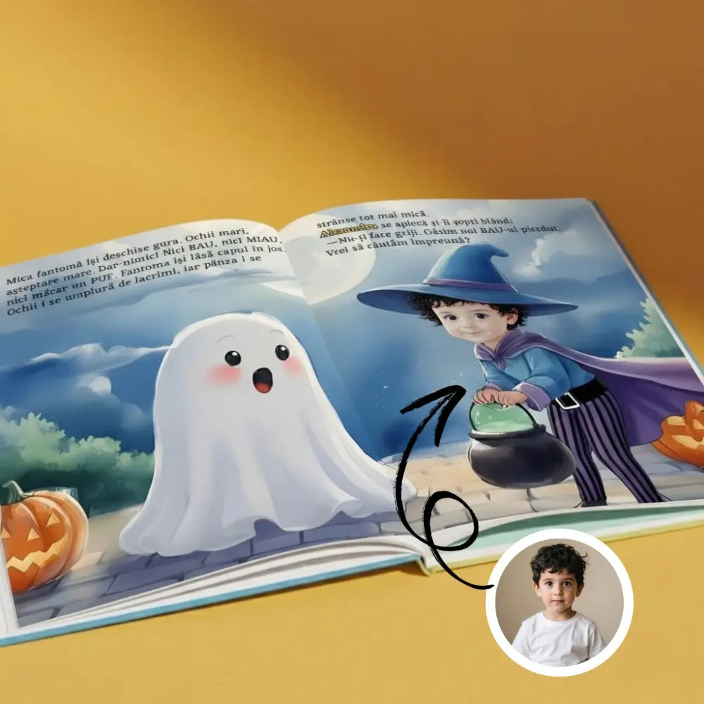 Pagină din cartea mica fantoma care si-a pierdut BAU-ul, unde copilul este personajul principal al poveștii